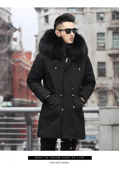 海宁派克服男皮草长中长款皮毛一体加厚男士大衣n203中长款黑色xxxxl