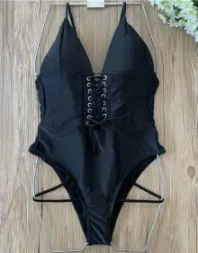 灏吉弧内衣高叉泳衣内衣新款黑白连体泳衣女性感绑带露背v胸高叉温泉