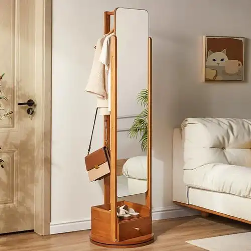 全身镜不变形真实高颜值家用落地立式旋转穿衣镜衣帽架一体镜子木