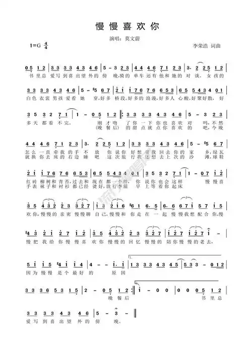 莫文蔚《慢慢喜欢你》李荣浩词曲 免费高清简谱 歌谱下载 流行弹唱网