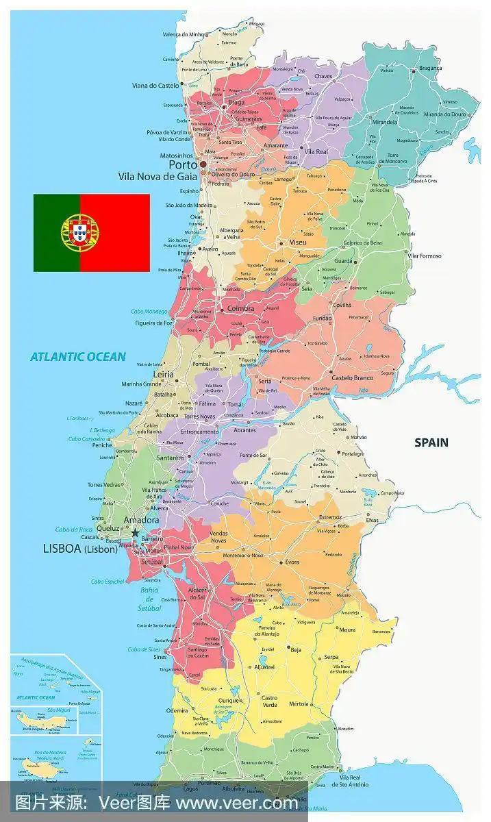 葡萄牙地图行政区划和道路