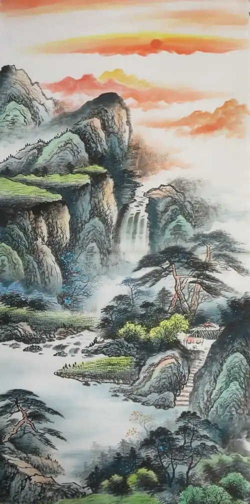 手绘国画山水画客厅背景墙风水靠山玄关竖幅中堂国画