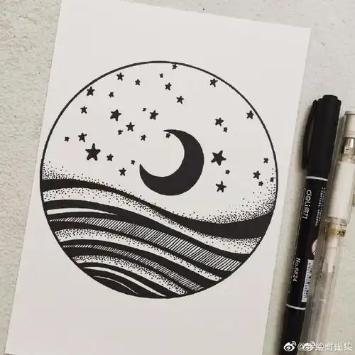 你的眼里有星辰大海——黑白线条画一组所用材料:卡纸,记号笔(代替