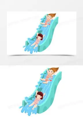卡通手绘小女孩玩水上乐园滑滑梯免抠元素