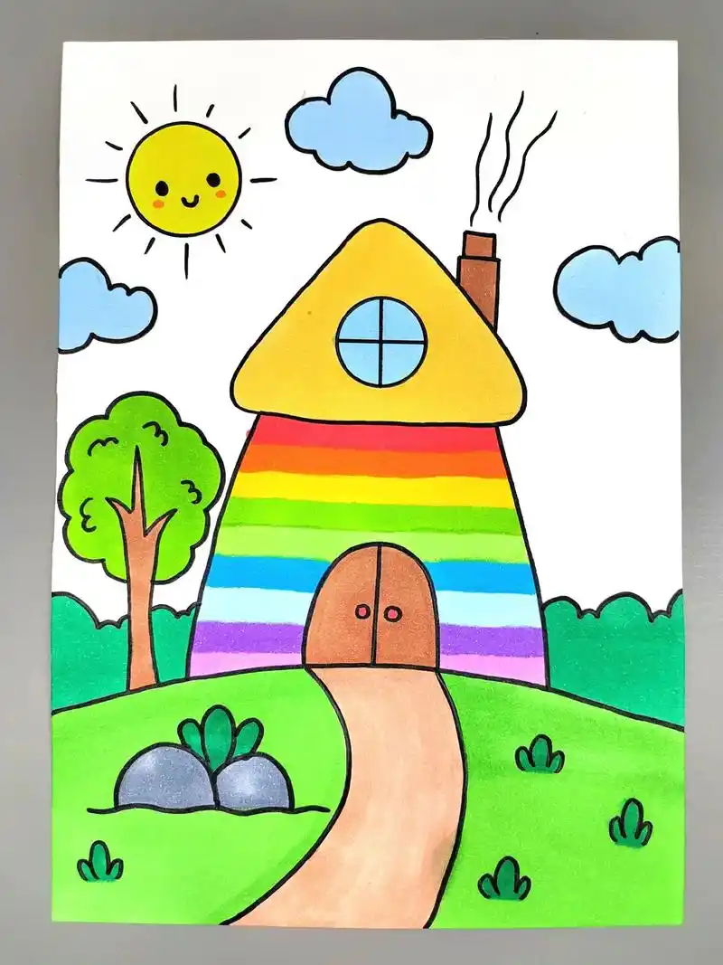 一起来画漂亮的彩虹房子吧,简单好看,快来试试吧#彩虹房子 # - 抖音