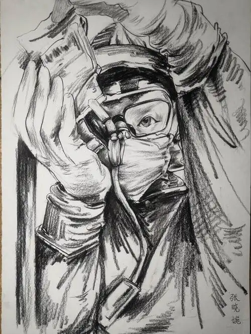 书法《荆楚大疫》,手绘《医护》荣获一等奖,手绘《"战"在一起》,海报