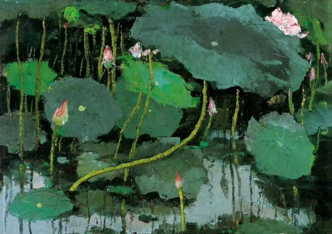 画家吴冠中花卉作品欣赏,描绘了出淤泥而不染的荷花.