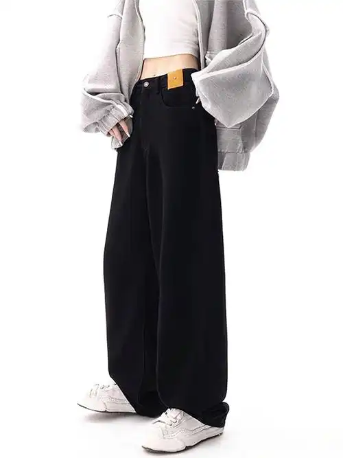 新款梨形身材黑色直筒牛仔裤女春季大码胖mm高腰宽松显瘦阔腿长裤