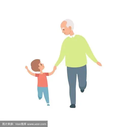 爷爷和他的小孙子散步,爷爷花时间玩的孙子矢量插图在一个白色的背景