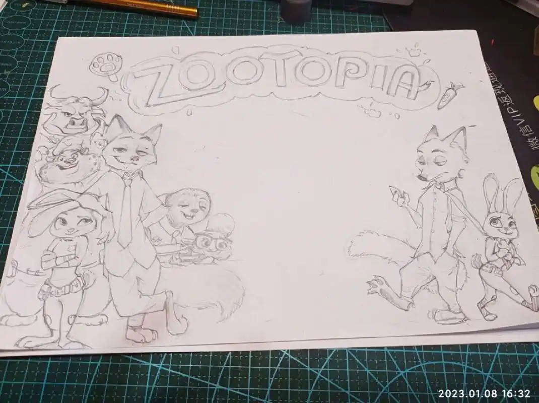 疯狂动物城/寒假手抄报作业 终于画完草稿了!