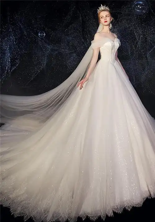 【波瑞蒂亚】冬季轻主婚纱新娘一字肩星空礼服女拖尾超仙梦幻豪华奢侈