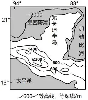 尤卡坦半岛位于墨西哥湾和加勒比海之间,海岸线长约1100千米,东岸多