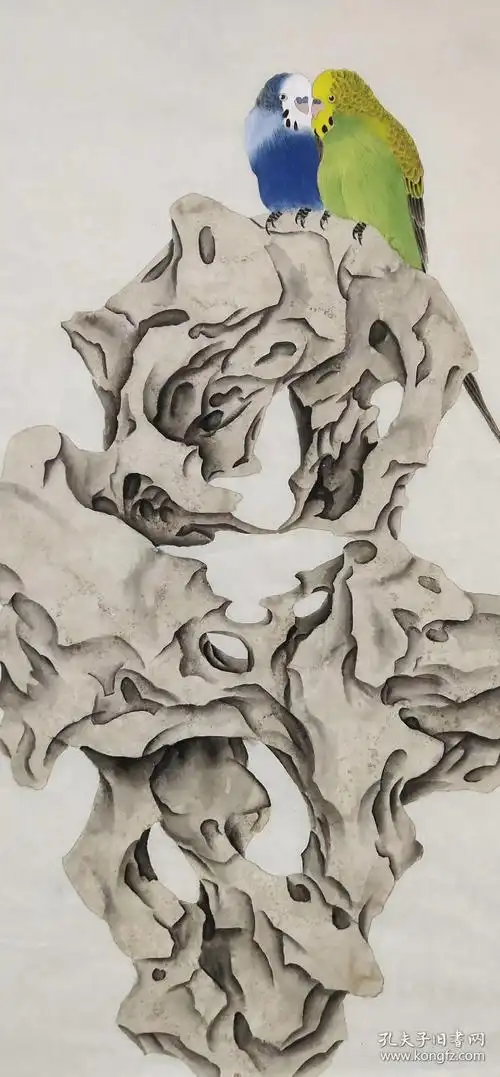 【喻慧】工笔花鸟画《太湖石 鹦鹉》一幅,四尺斗方,68厘米//68厘米