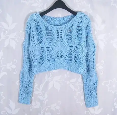 【韩依之城】实拍韩国春秋麻花镂空超短款长袖毛衣 圆领粗棒针织衫