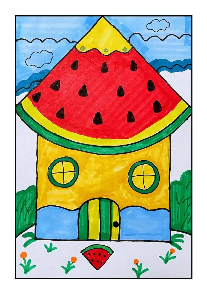 动动小手画一个西瓜房子吧,简单有趣!#创意美术 # - 抖音