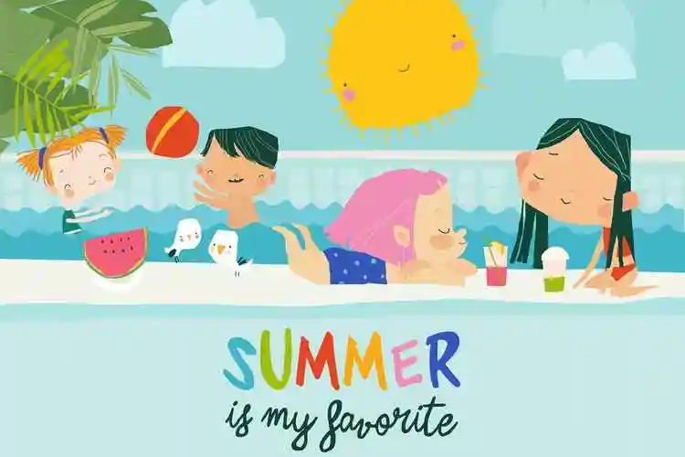 儿童泳池活动卡通矢量插画happychildrenrelaxinginswimmingpoolhello