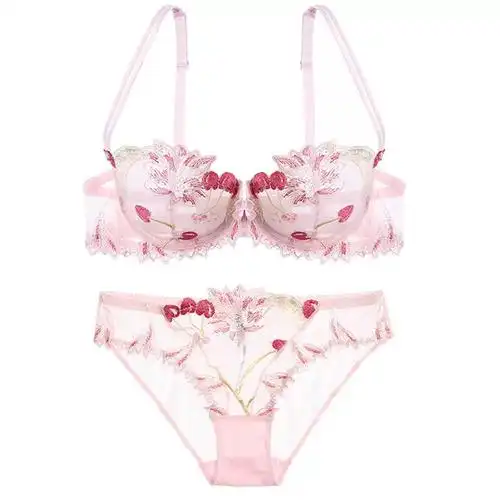 夏季内衣刺绣蕾丝透视明性感诱惑超薄款文胸套装欧美网纱d杯显小