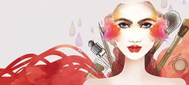 美妆节,化妆品,女装,彩妆,手绘女人,刷子,香水,眉笔,水滴,时尚,唯美