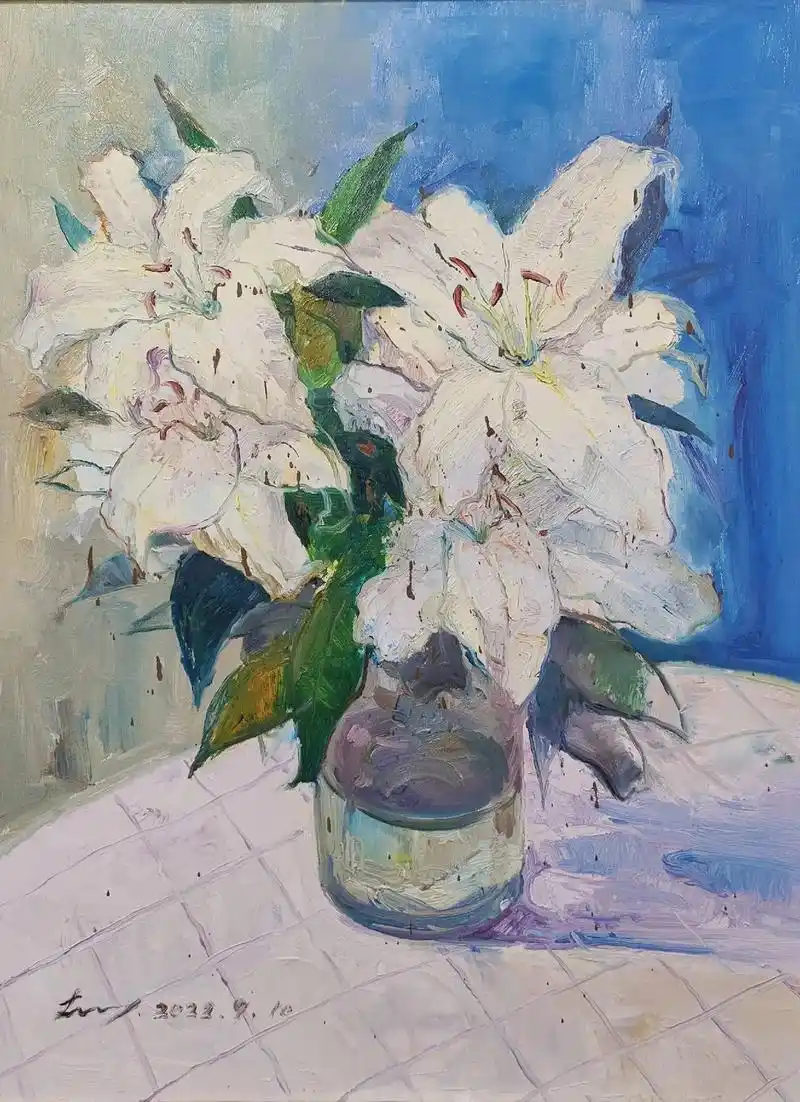《四朵百合花》#画画 #油画#花卉 - 抖音