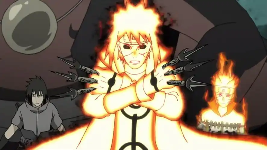 水门利用尸鬼封尽将九尾的灵魂一分为二,其中一半的力量封印在鸣人体