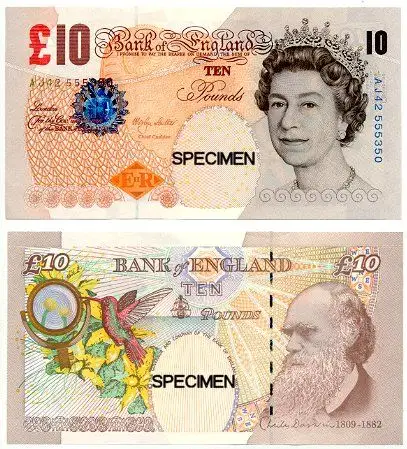 展开全部 英国货币10英镑,正面是英国女王伊丽莎白,背面是英国生物学
