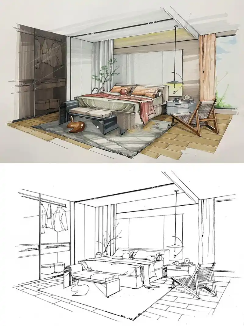 室内设计手绘效果图-卧室 马克笔7315:法卡勒一代 透视:两点透视