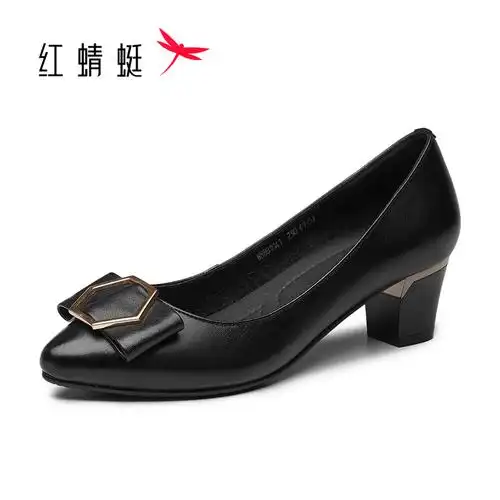 红蜻蜓女鞋春季牛皮红色粗跟尖头蝴蝶结浅口头层牛皮单鞋女皮鞋中跟中