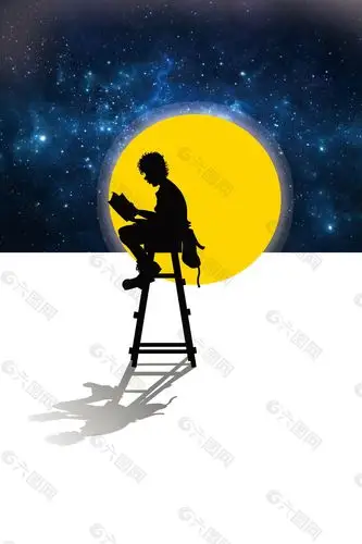 坐在月亮下看书的男孩阅读背景素材