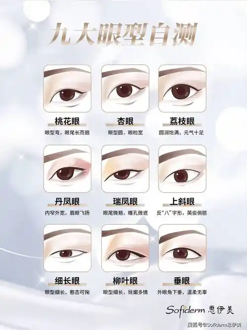 外眼角下垂,温柔无辜垂眼眼型细长,妩媚多情柳叶眼眼型细长,憨态可掬