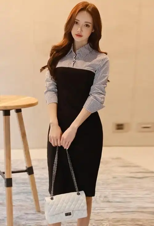 典雅气息拼接包臀洋装 - artist cat.