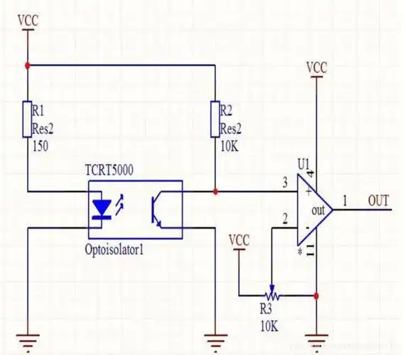 电路原理图传感器的红外发射二极管(1-2处)不断发射红外线,当发射出的
