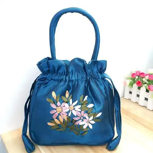 刺绣休闲女士提包布艺手拿小拎包复古绣花布包布包丝带袋包绣花包