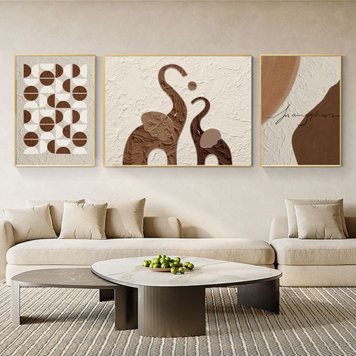 侘寂风客厅装饰画大象温馨一家三口沙发背景墙壁画肌理感抽象挂画