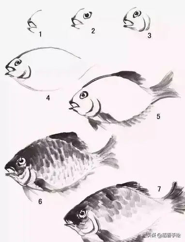 写意神仙鱼与各种鱼步骤范本 写美篇步骤一:以大兰竹笔调浓墨画出鱼