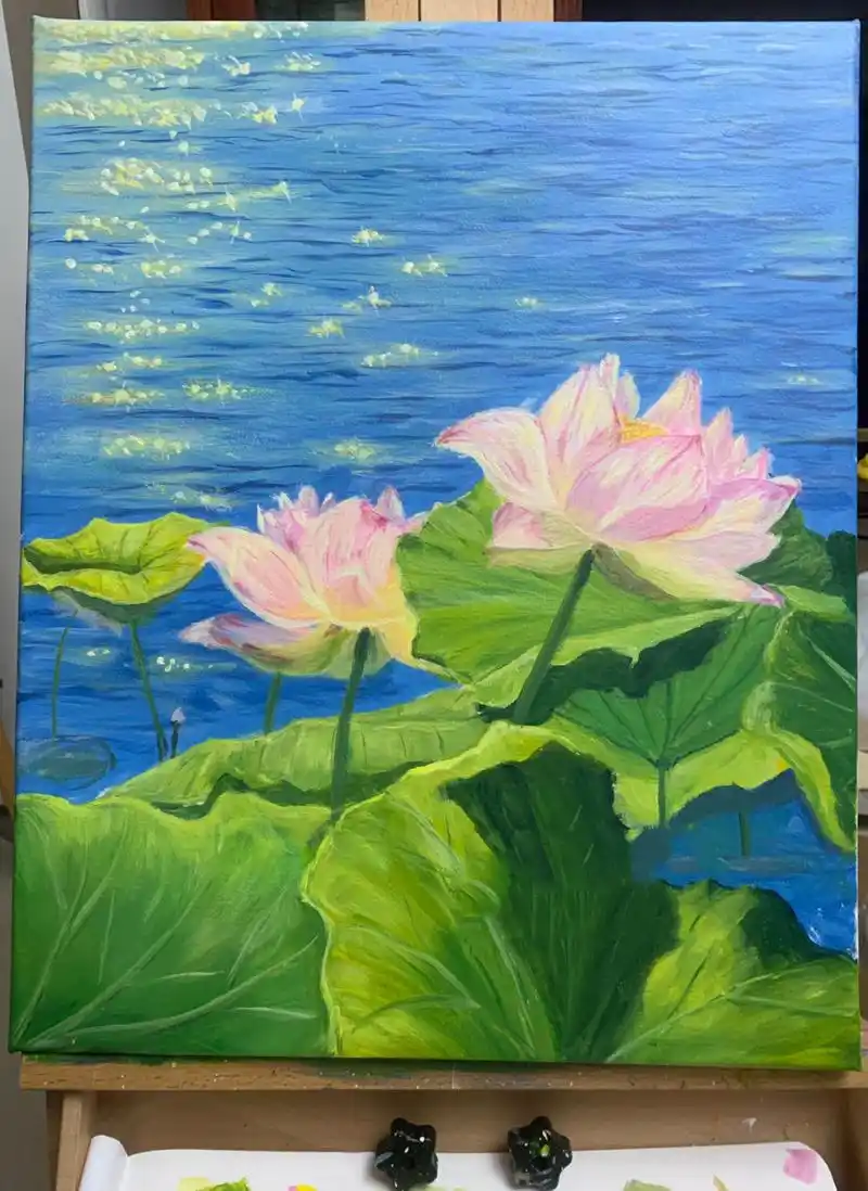 荷花03 丙烯画-附过程图 总算是画完了91 	 用色: 水面:钛青蓝