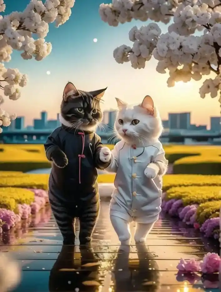 花海邂逅,情侣猫的七夕浪漫之约!七夕夜,猫儿情缘展 两只猫 - 抖音