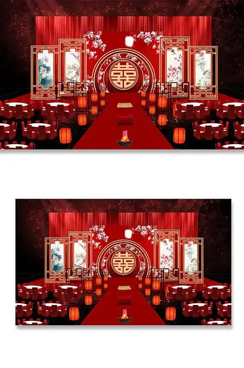 红色中式古风婚礼背景布置