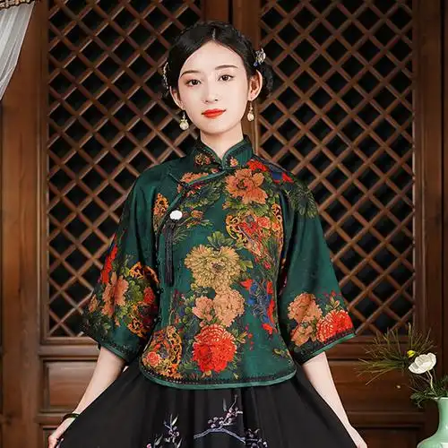 中式改良倒大袖旗袍上衣民国风复古女汉服秋装唐装茶服中国风女装