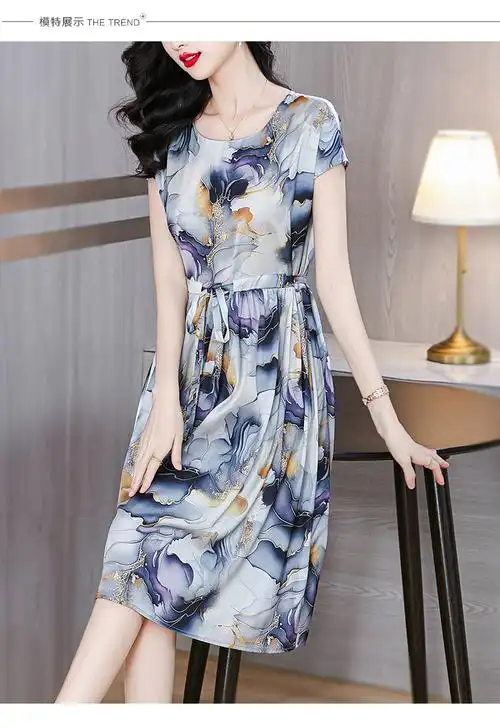 真丝连衣裙小个子显高桑蚕丝洋气减龄妈妈裙子遮肚子显瘦高级感 - 17