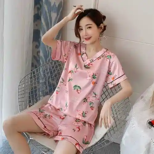 夏季睡衣女冰丝夏韩版清新v领薄款印花仿真丝绸套装可外穿家居服