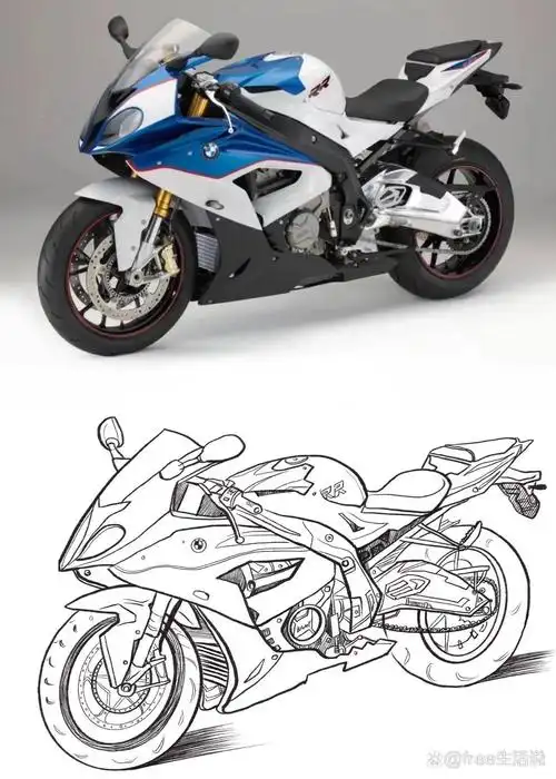 实物对画米摩托车简笔画黑白画线描儿童画