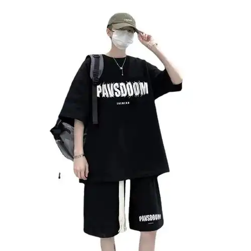 潮牌字母短袖套装男夏季运动跑步一套搭配休闲帅气冰丝衣百搭