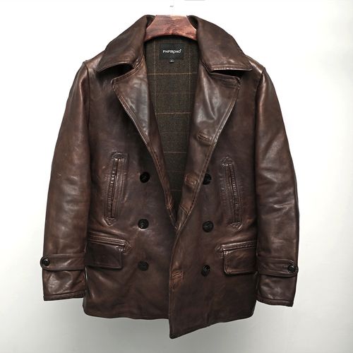 男装中长真皮大衣双排马皮成衣层茶重头厚重皮衣