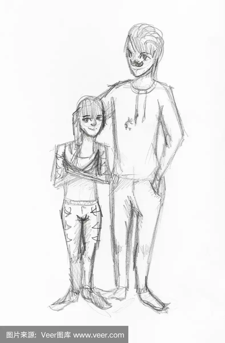 矮个子女孩和高个子大胡子男人的素描