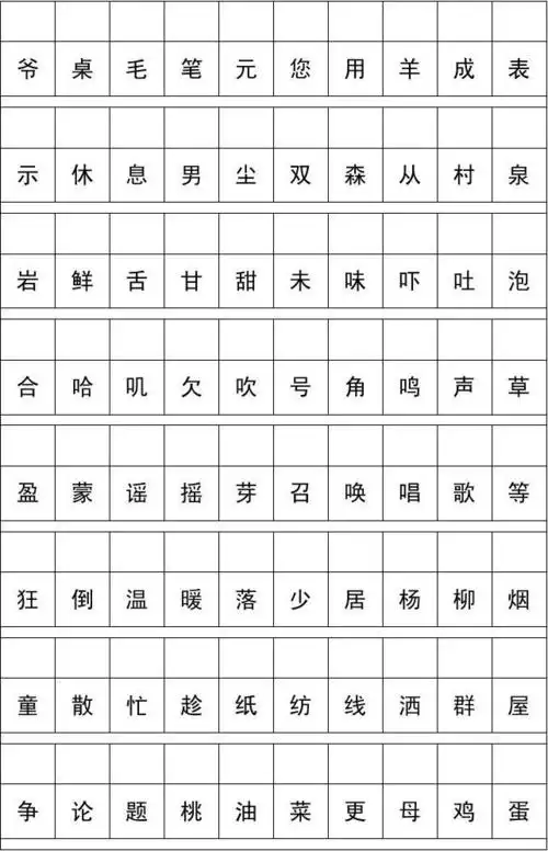 小学语文s版一年级下会读生字表