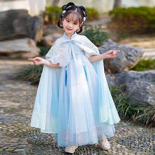 12岁带披风原创儿童披风汉服女童春秋斗篷防晒披肩改良 蓝色披风 110