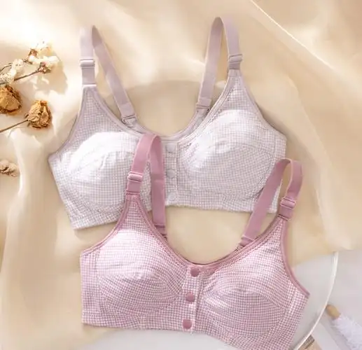 文胸学生内衣女17岁高中生16发育期胖mm胸大显小棉质胸罩肤格子杏色34