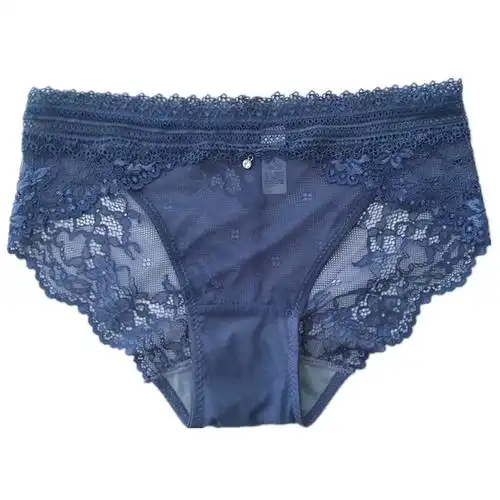 法式宫廷水钻高档蕾丝性感低腰内裤蓝色网纱平角裤