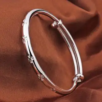 七筱苒老品牌四叶草银手镯9999女年轻款实心推拉式足银镯子母七夕25克