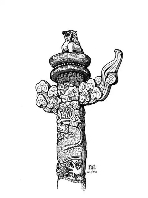 中国华表上的朝天吼简笔画笔画